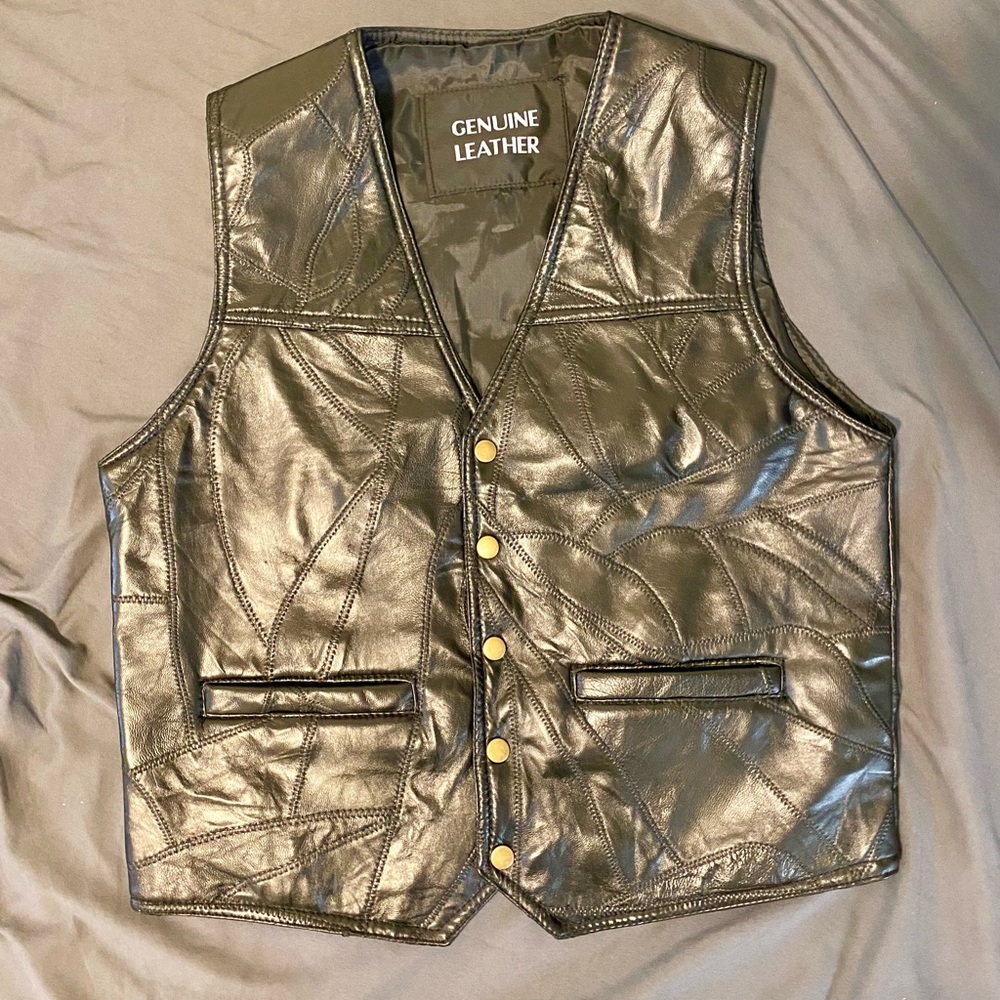 Black Leather Vest with Gold Buttons